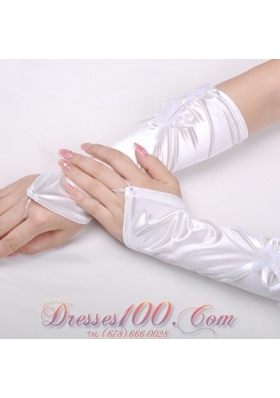 Attractive Satin Fingerless Elbow Length Bridal Gloves With Hand Made Flower