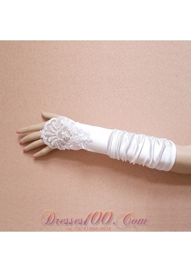 Satin Fingerless Elbow Length  Bridal Gloves With Beading And Ruching