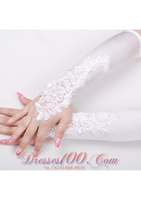 Satin Fingerless Elbow Length Bridal Gloves With Beading And Appliques