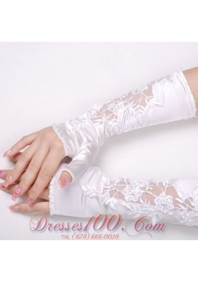 Elegant Satin Fingerless Elbow Length Bridal Gloves With Lace Appliques