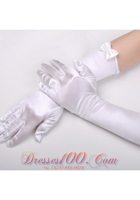 Satin Elbow Length Fingertips Bridal Gloves With Bow