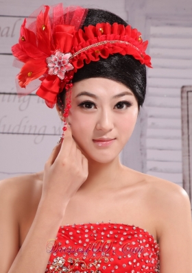 Red Headpiece For Bride Pearl Headdress Feathers