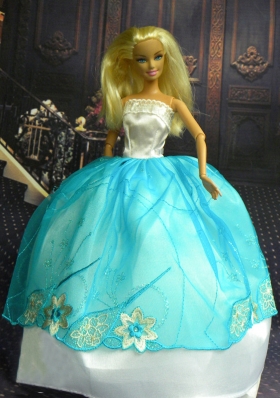 White and Blue Ball Gown Appliques Made to Fit the Barbie Doll