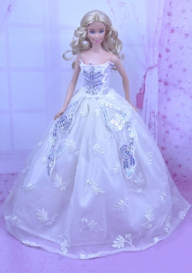 Elegant White Gown With Embroidery and Sequins Made to Fit the Barbie Doll