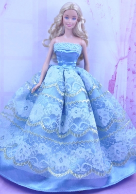 Blue Handmade Gown With Appliques and Sequins Made to Fit the Barbie Doll