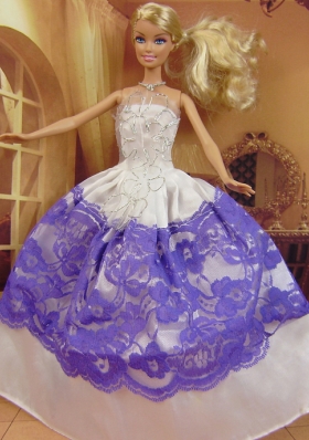 New Fashion Ball Gown White and Purple Dress Gown For Barbie Doll