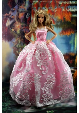 New Embroidery Fashion Princess Pink Dress Gown For Barbie Doll
