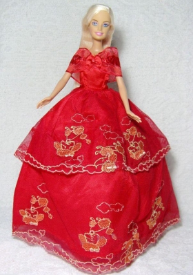 Pretty Red Gown With Embroidery Dress For Barbie Doll