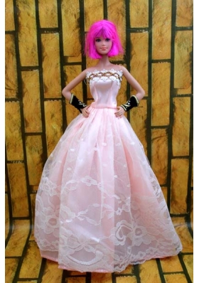 Baby Pink Gown For Barbie Doll With Lace and A-line