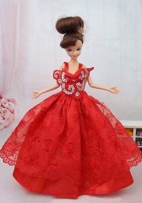 New Beautiful Ball Gown Red Lace Handmade Party Clothes Fashion Dress for Noble Barbie