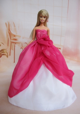 Pretty Ball Gown Dress For Noble Barbie With Hot Pink and Hand Made Flowers
