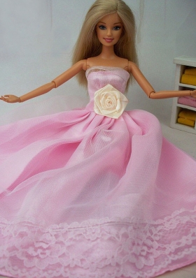 Hand Made Flower Tulle and Taffeta Party Dress Pink Barbie Doll Dress