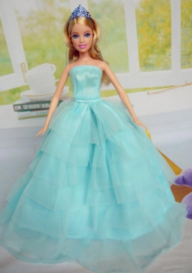 Beautiful Aqua Blue Party Clothes for Noble Barbie Doll Tulle