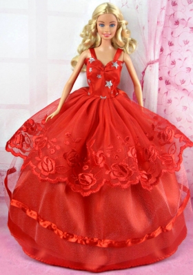 Beautiful Red  Party Dress Tulle for Noble Barbie Doll