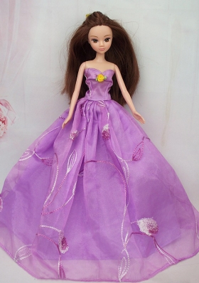 Hand Made Flower Embroidery Lavender Princess Party Clothes Gown For Barbie Doll Dress