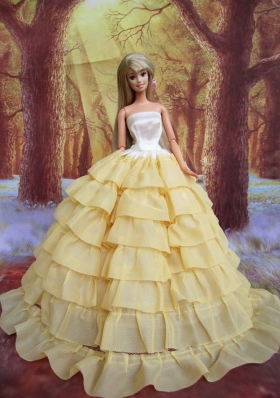 Ruffled Layers Decorate Ball Gown Light Yellow  Barbie Doll Dress