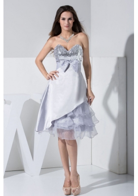 Sequin Bowknot Ruffled Decorate Bodice Sweetheart Neckline Grey Tea-length