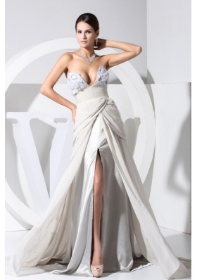 Sexy Prom Dress High Slit Hand Made Flowers Chiffon Grey V-neck