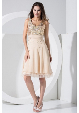 Champagne Prom Dress With Sequins Knee-length Chiffon V-neck
