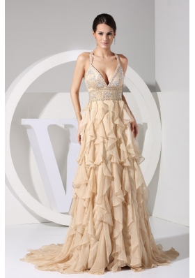 Embroidery and Ruffles Decorate Bodice Brush Train Champagne Straps 2013 Prom Dress