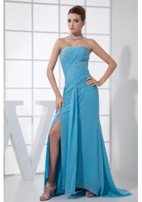 High Slit Beading Strapless Brush Train Blue Chiffon 2013 Prom Dress