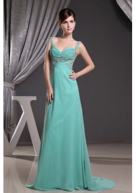 Straps Prom Dress With Beadng Ruch Brush Train and Turquoise