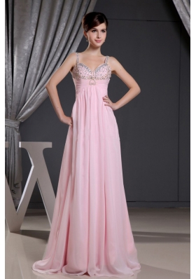 Straps Baby Pink and Beaded Decorate Bust For Prom Dress