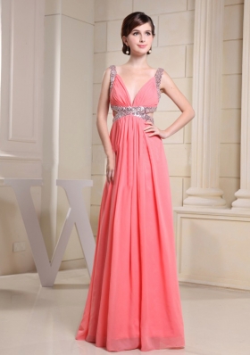 V-neck Beading For Watermelon Prom Dress With Floor-length
