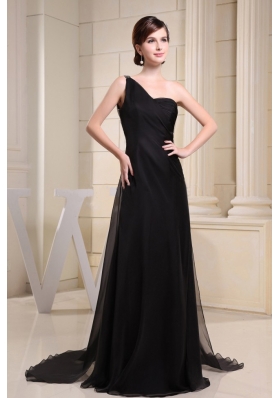 One Shoulder Black Prom Dress With Brush Train