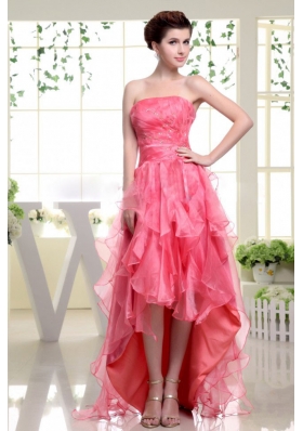 High-low Coral Red Prom Dress With Beading Rufflers Layers