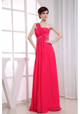 Beading One Shoulder Chiffon Coral Red Empire Floor-length Prom Dress