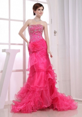 Mermaid Strapless Brush/Sweep Beading Organza Prom Dress Hot Pink