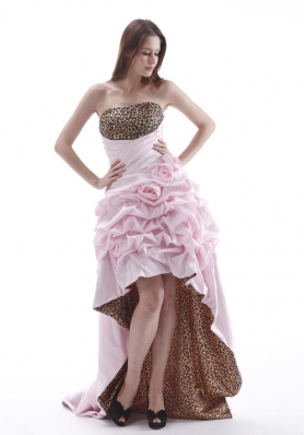 High-low Prom Dress With Hand Made Flowers and Pick-ups Baby Pink Leopard