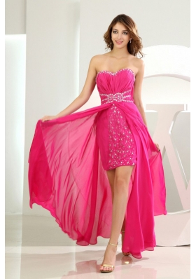 High Slit Empire Chiffon Beading Floor-length Sweetheart Prom Dress Hot Pink