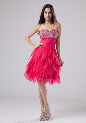 Beaded Decorate Bust Sweetheart For Coral Red Prom / Cocktail Dress With Ruffles Knee-length