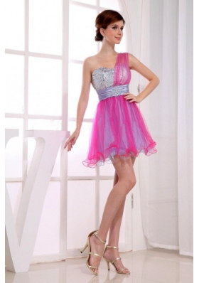 A-Line One Shoulder Hot Pink Organza Mini-length Beading Prom Dress