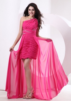 High-low Hot Pink Prom Dress With Ruched Bodice and Beading