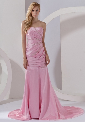 Mermaid Strapless Taffeta Prom Dress Pink Court Train Beading