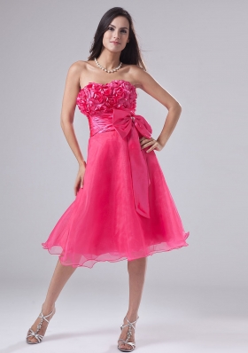 Sweetheart A-Line Organza Knee-length Hand Made Flowers Prom Dress Hot Pink