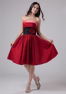 Hand Made Flowers Taffeta Knee-length Strapless A-Line Wine Red Prom Dress