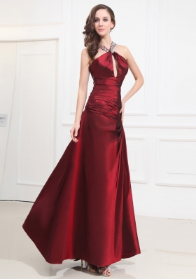 Beading Taffeta Prom Dress Halter A-Line Wine Red Floor-length