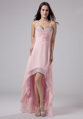 Beading Spaghetti Straps Empire Chiffon High-low Prom Dress Pink