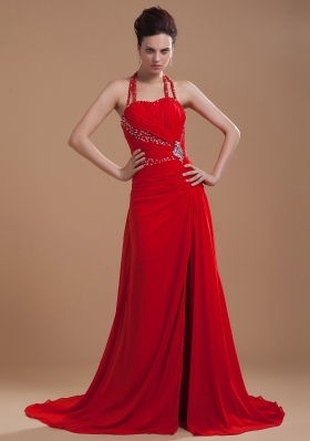 Beading Decorate Bodice High Slit Halter Red Chiffon Brush Train 2013 Prom Dress