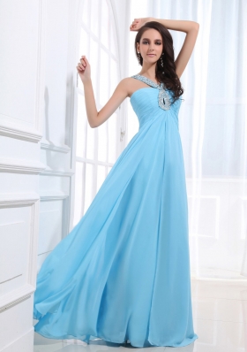 Beaded Decorate V-neck and Baby Blue For Simple Custom Made Prom Dress