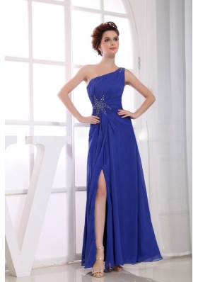 Beading Decorate Bodice High Slit One Shoulder Ankle-length Blue Chiffon 2013 Prom Dress
