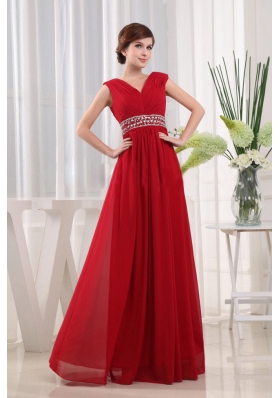 Empire V-neck Chiffon Floor-length Beaded Decorate Waist Red Prom Dress