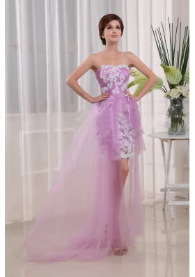 Appliques Column Strapless Lavender Tulle Brush/Sweep Prom Dress