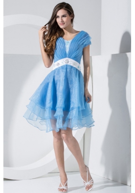 Baby Blue Prom Dress With Embroidery and Ruching V-neck Knee-length Short Sleeves