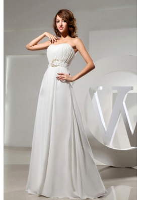 Simple Wedding Dress With Beaded Decorate Waist and Ruch Bodice