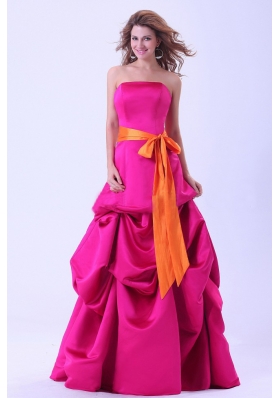 Hot Pink Prom Dress With Orange Sash and Pick-ups A-line Floor-length